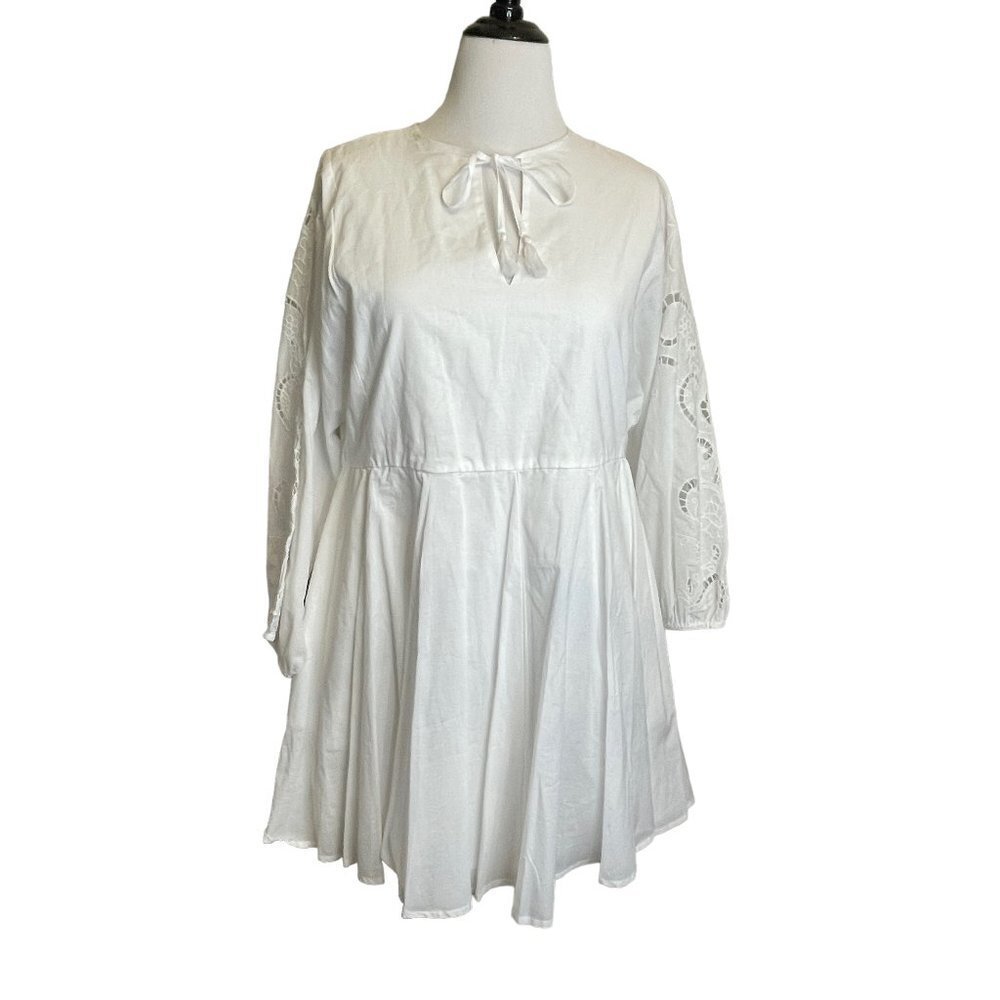 Chelsea & Violet Ultra-white Mini Dress Embroidered Balloon Sleeve NWT L Eyelet‎